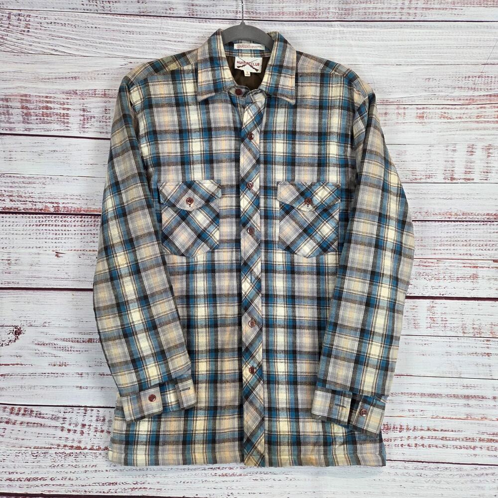 Vtg Hunting Club Mens Quilted Buffalo Plaid Flannel Shacket S Altered Cuffs 80's